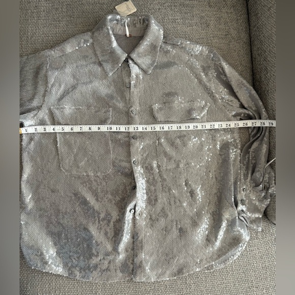 Free People “Disco Margarita” Sequin Button-Down Shirt – Silver – Size Small - Picture 8 of 16